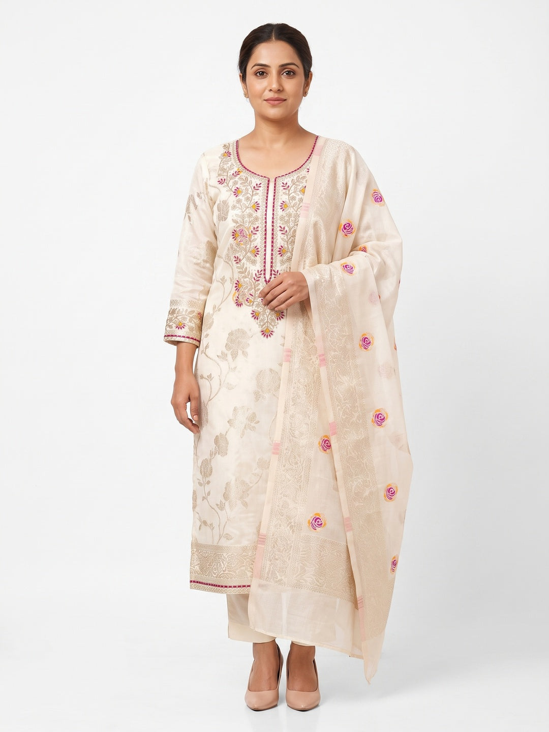 Premium Cream Floral Meenakari Jacquard Weaving Dress Material With Sequins Cording Embroidery - Image 1