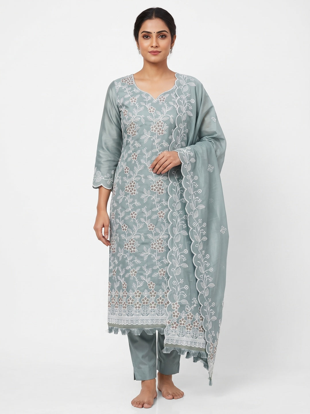 Grey Cotton Blend Dress Material With Delicate Floral Thread Embroidery - Image 1