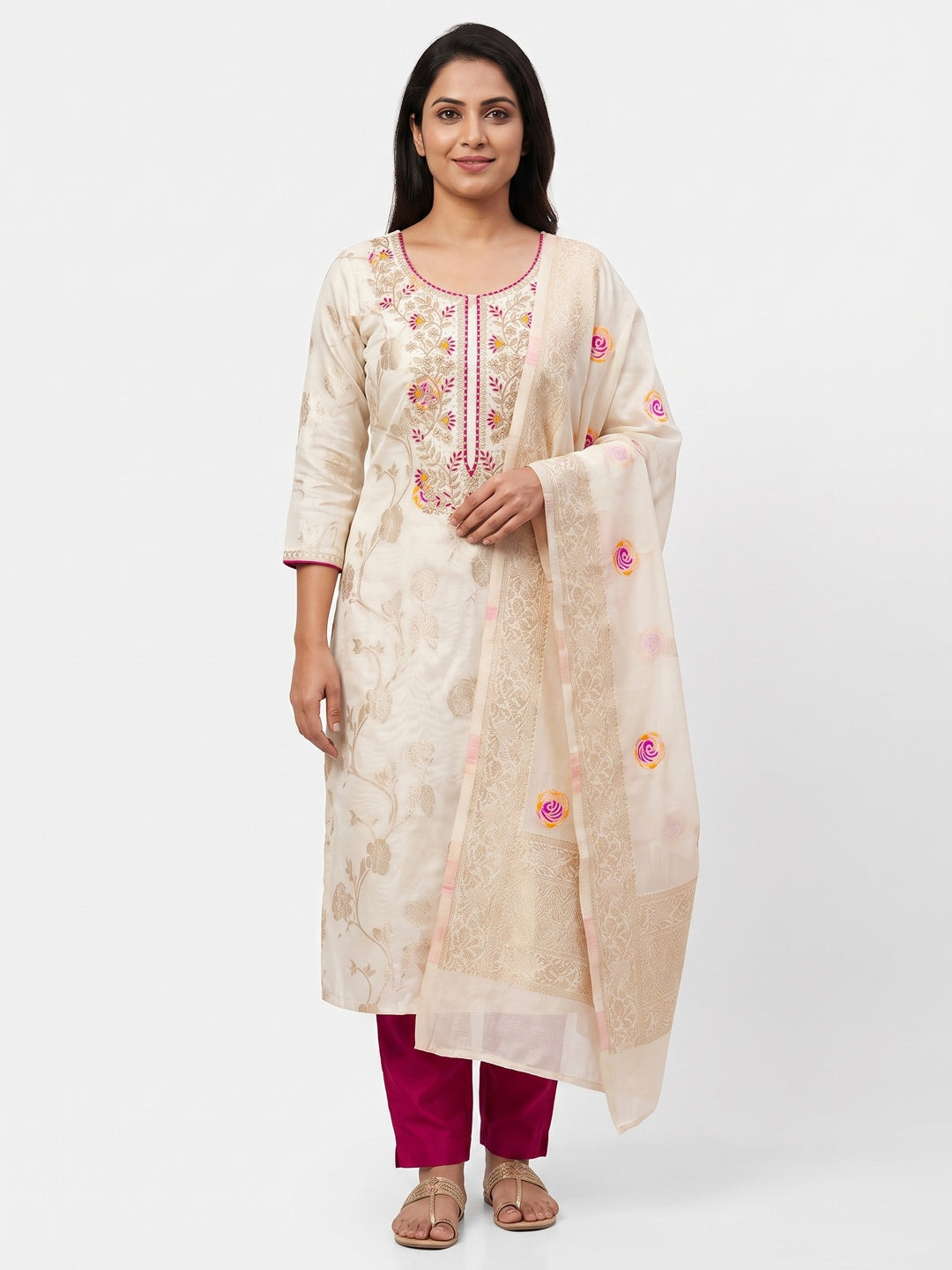 Elegant Cream Floral Meenakari Jacquard Weaving Dress Material With Sequins Cording Embroidery - Image 1