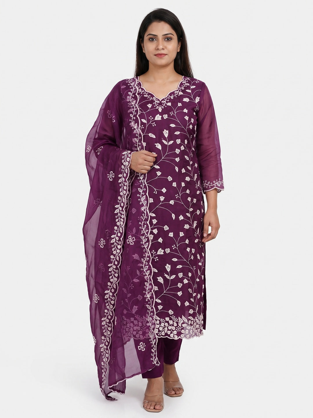Wine Floral Sequins Embroidered Organza Dress Material - Image 1