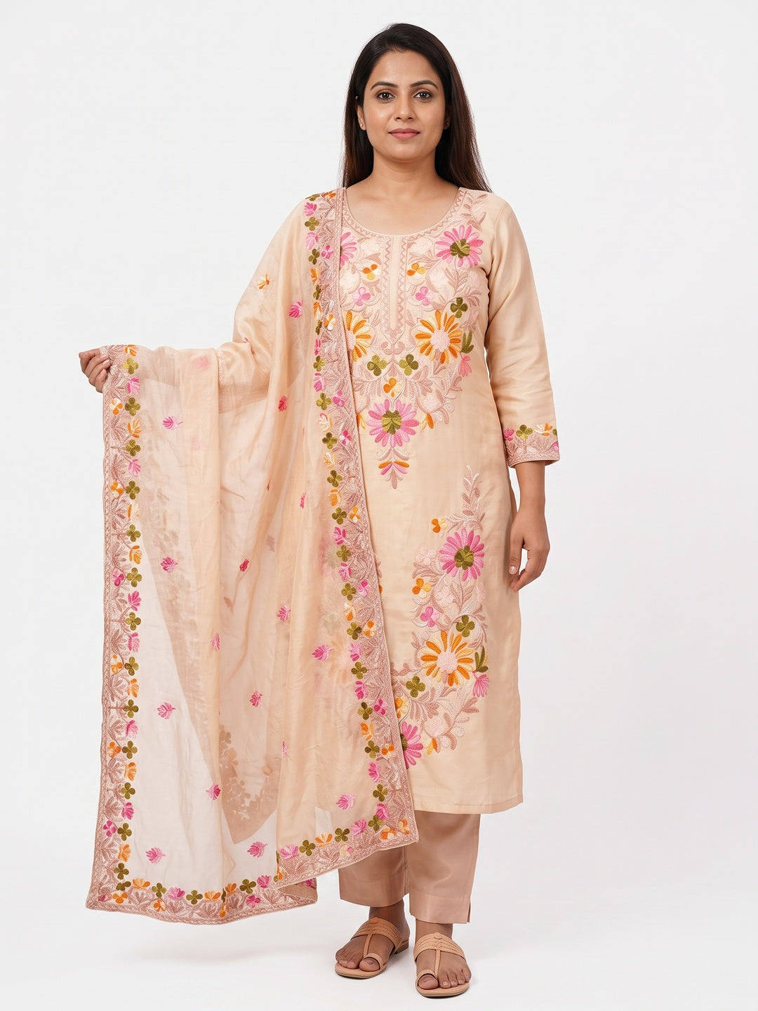 Chikoo Designer Roman Art Silk Dress Material Adorned With Floral Thread Embroidery Work - Image 1