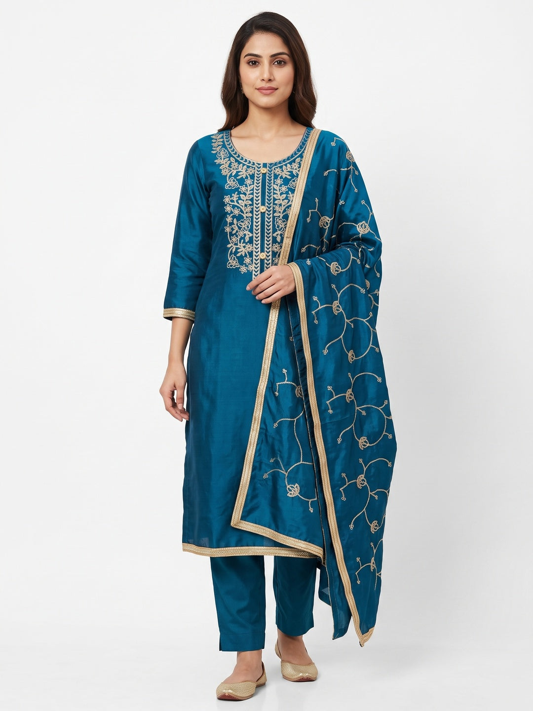 Blue Floral Embroidered Art Silk Dress Material - Image 1