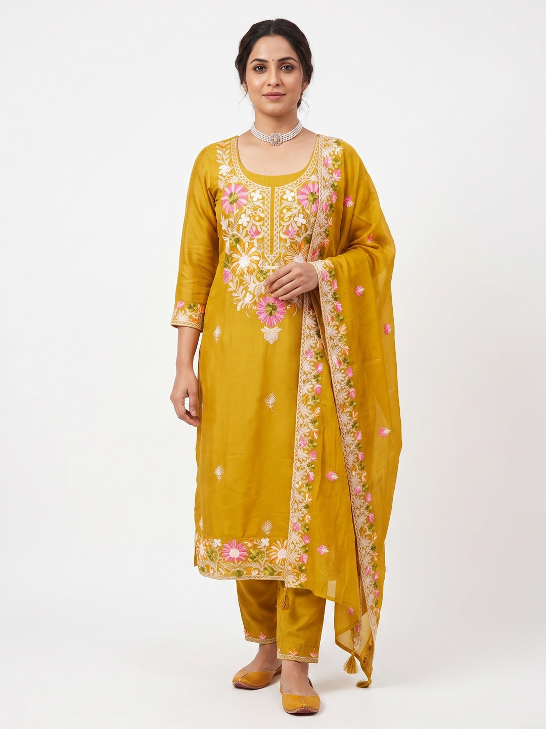 Mustard Designer Roman Art Silk Dress Material Adorned With Floral Thread Embroidery Work - Image 1