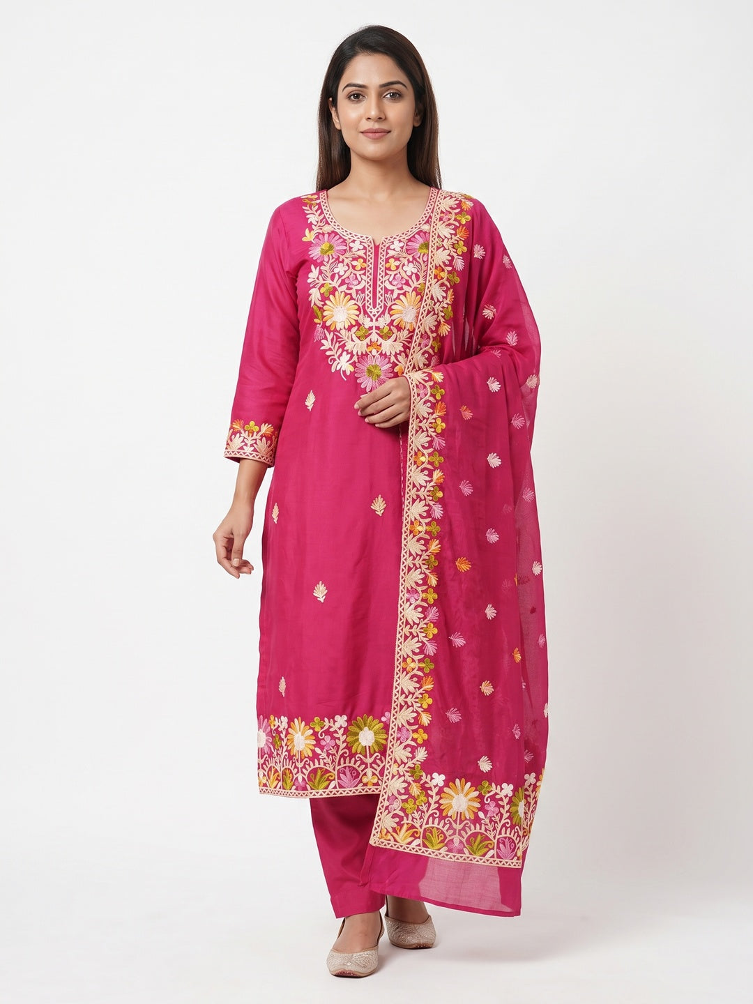 Rani Pink Designer Roman Art Silk Dress Material Adorned With Floral Thread Embroidery Work - Image 1