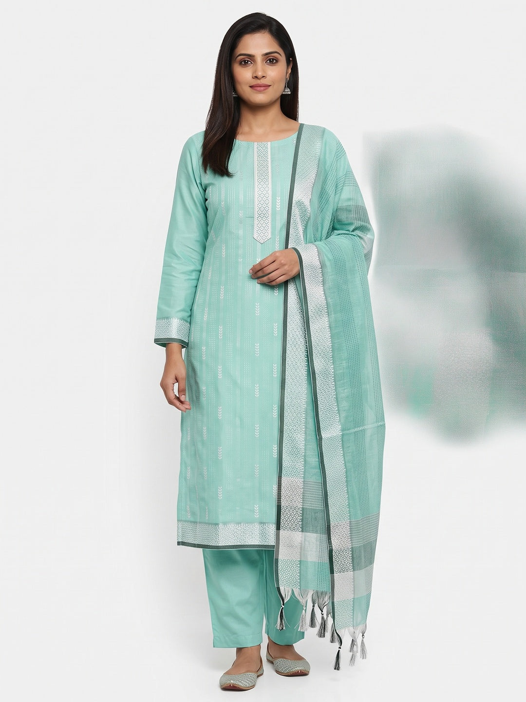 Refreshing Turquoise Woven Texture Dress Material In Poly Cotton Blend - Image 1