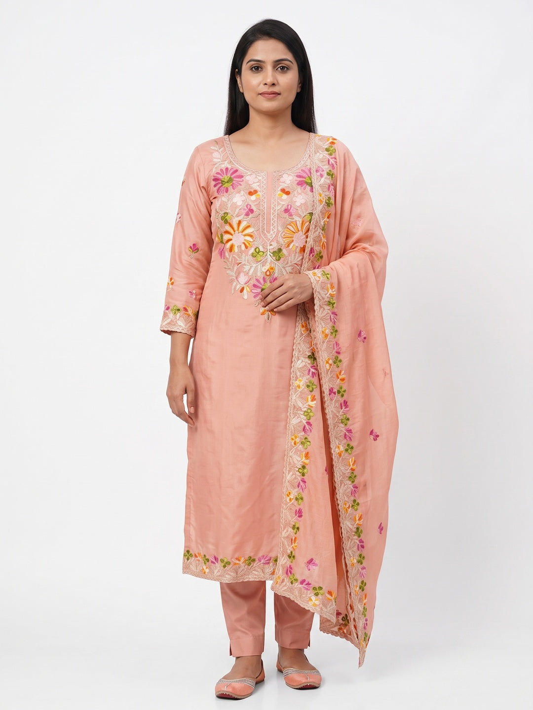 Peach Designer Roman Art Silk Dress Material Adorned With Floral Thread Embroidery Work - Image 1