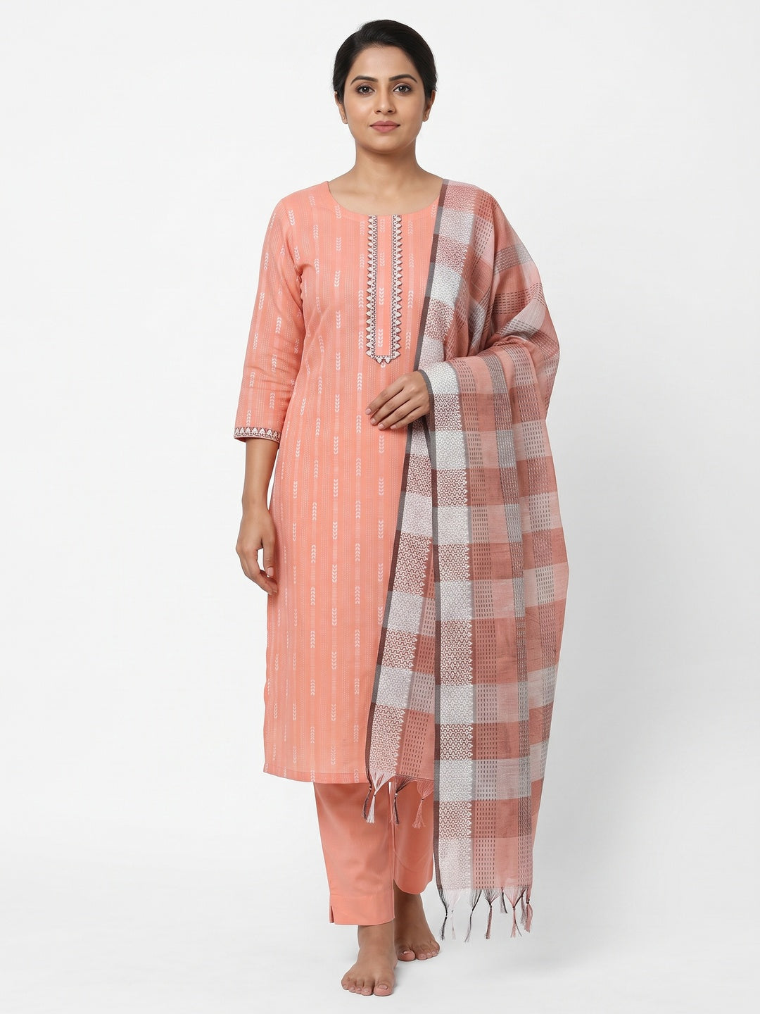 Charming Peach Woven Poly Cotton Blend Dress Material - Image 1