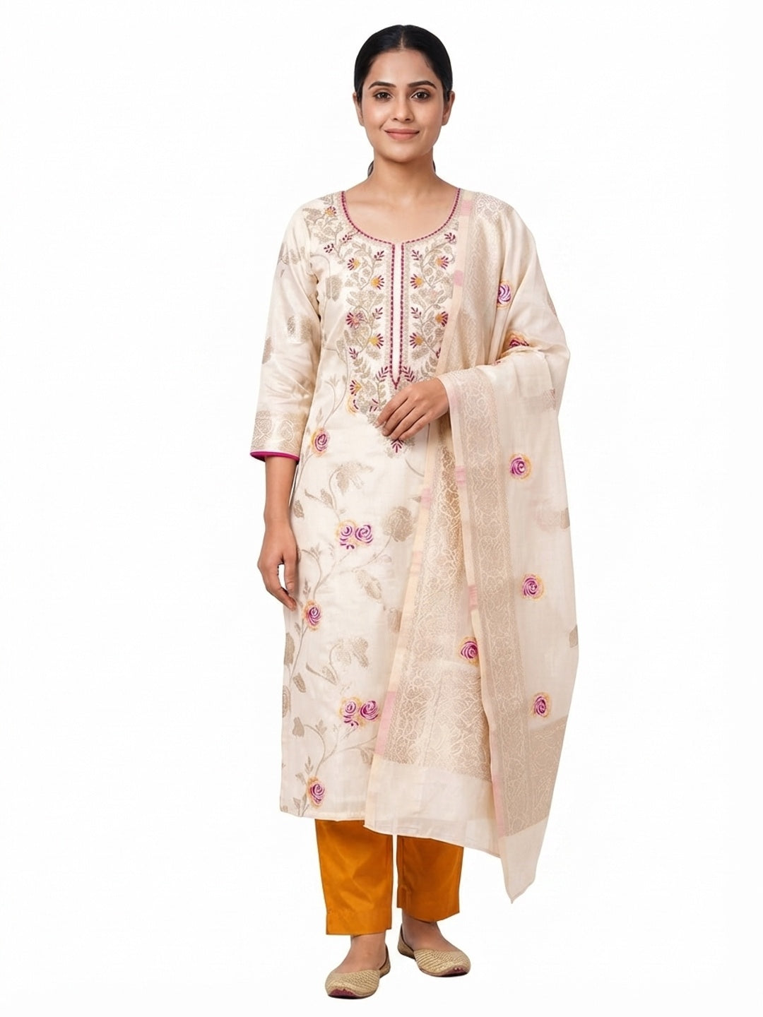 Premium Cream Floral Meenakari Jacquard Weaving Dress Material With Sequins Cording Embroidery - Flat lay