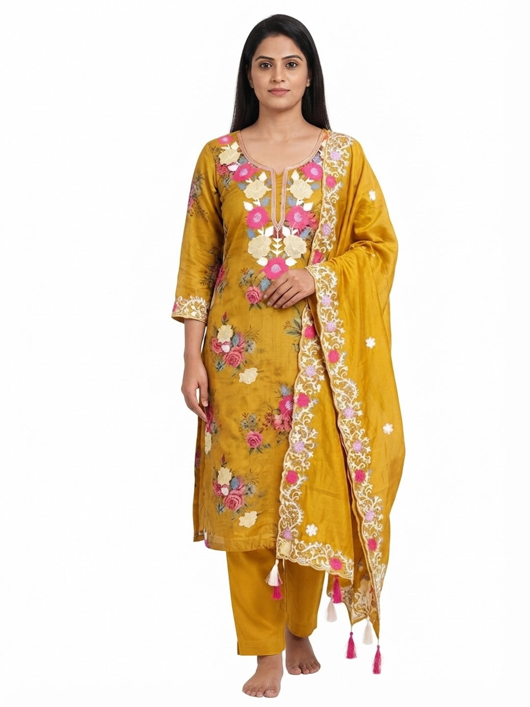 Designer Mustard Floral Digital Printed Shimmer Silk Dress Material Featuring Embroidery Work - Flat lay