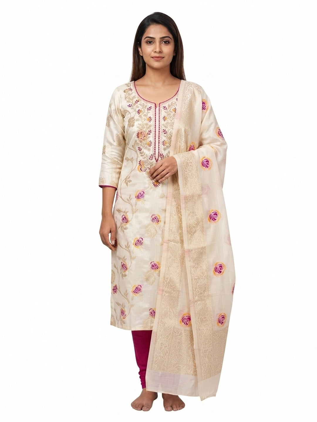 Elegant Cream Floral Meenakari Jacquard Weaving Dress Material With Sequins Cording Embroidery - Flat lay