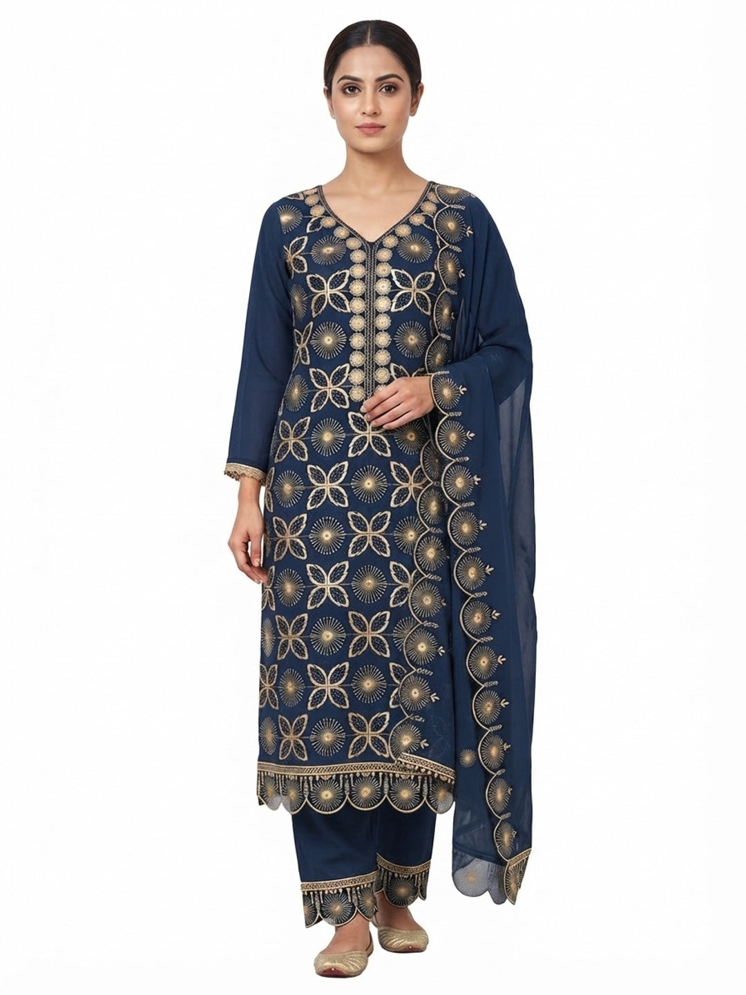 Blue Georgette Dress Material Featuring Delicate Floral Zari Embroidery - Flat lay