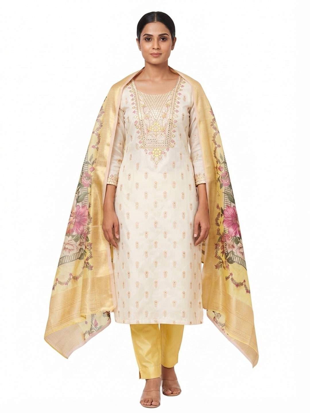 Offwhite & Yellow Floral Woven With Sequins Cording Embroidery Meenakari Jacquard Dress Material - Flat lay