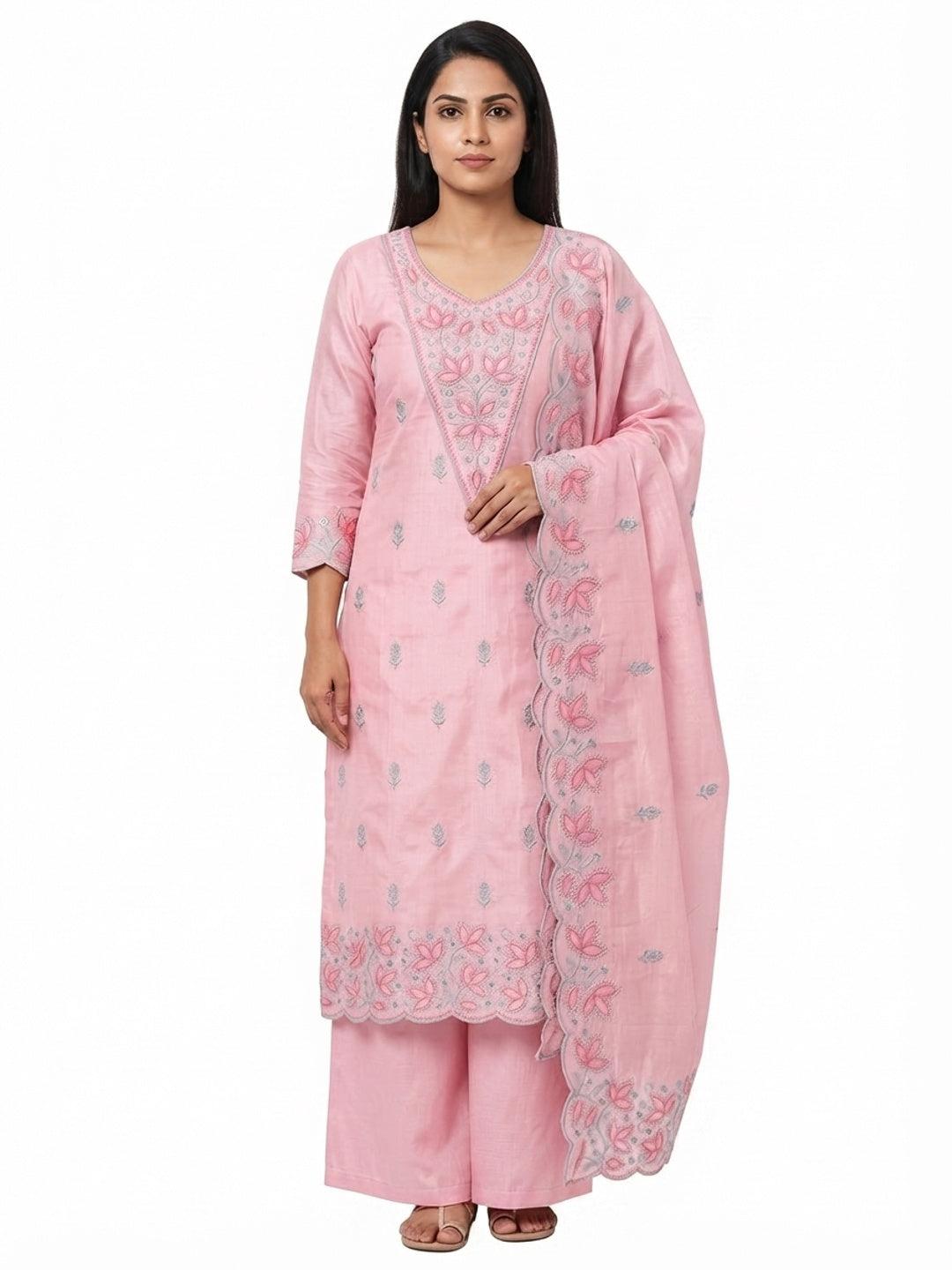 Pink Floral Embroidered Chanderi Dress Material - Flat lay