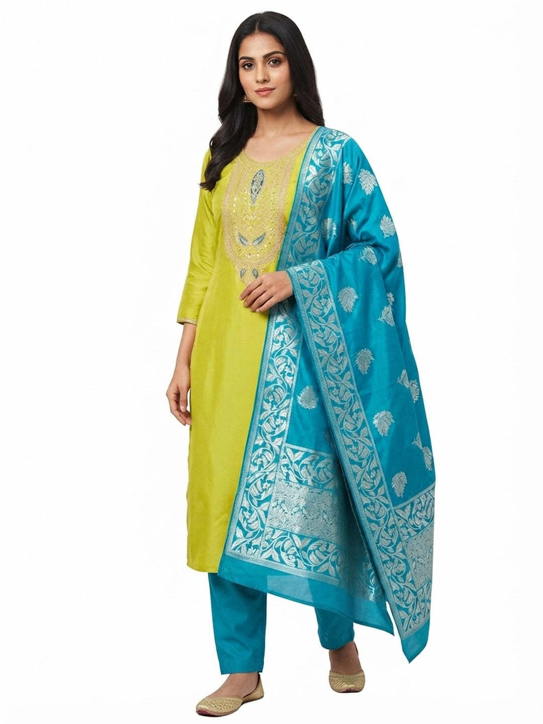 Graceful Green Silk Blend Dress Material Featuring Floral Cording Embroidery With Sequins Detailing - Flat lay