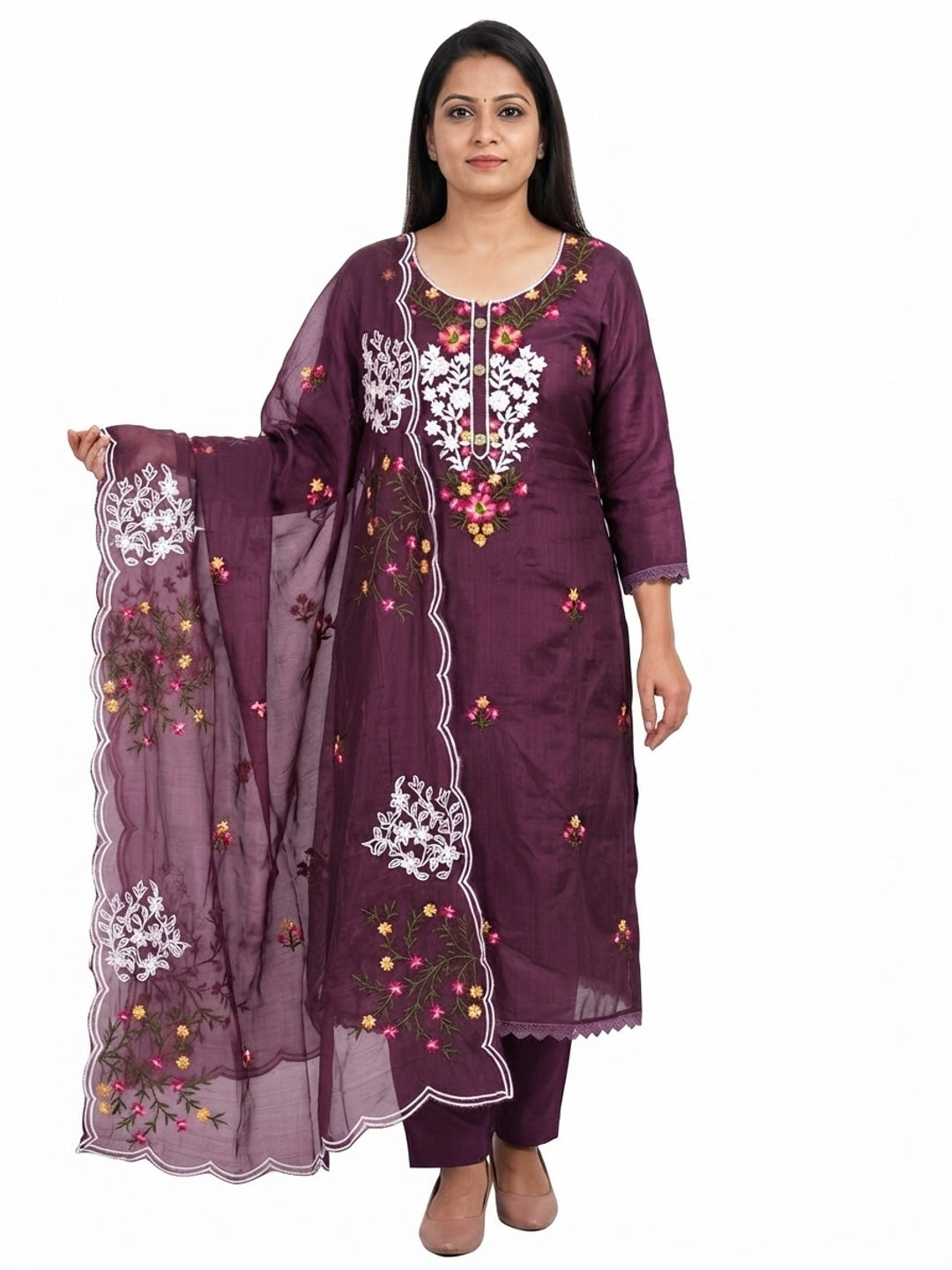 A Timeless Beauty Wine Floral Sequins Embroidered Chanderi Dress Material - Flat lay