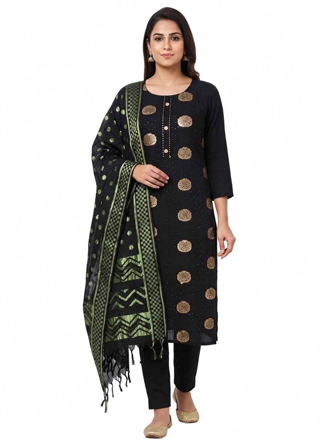Black Modal Dress Material With Floral Sequins Work And Checked Dupatta - Flat lay