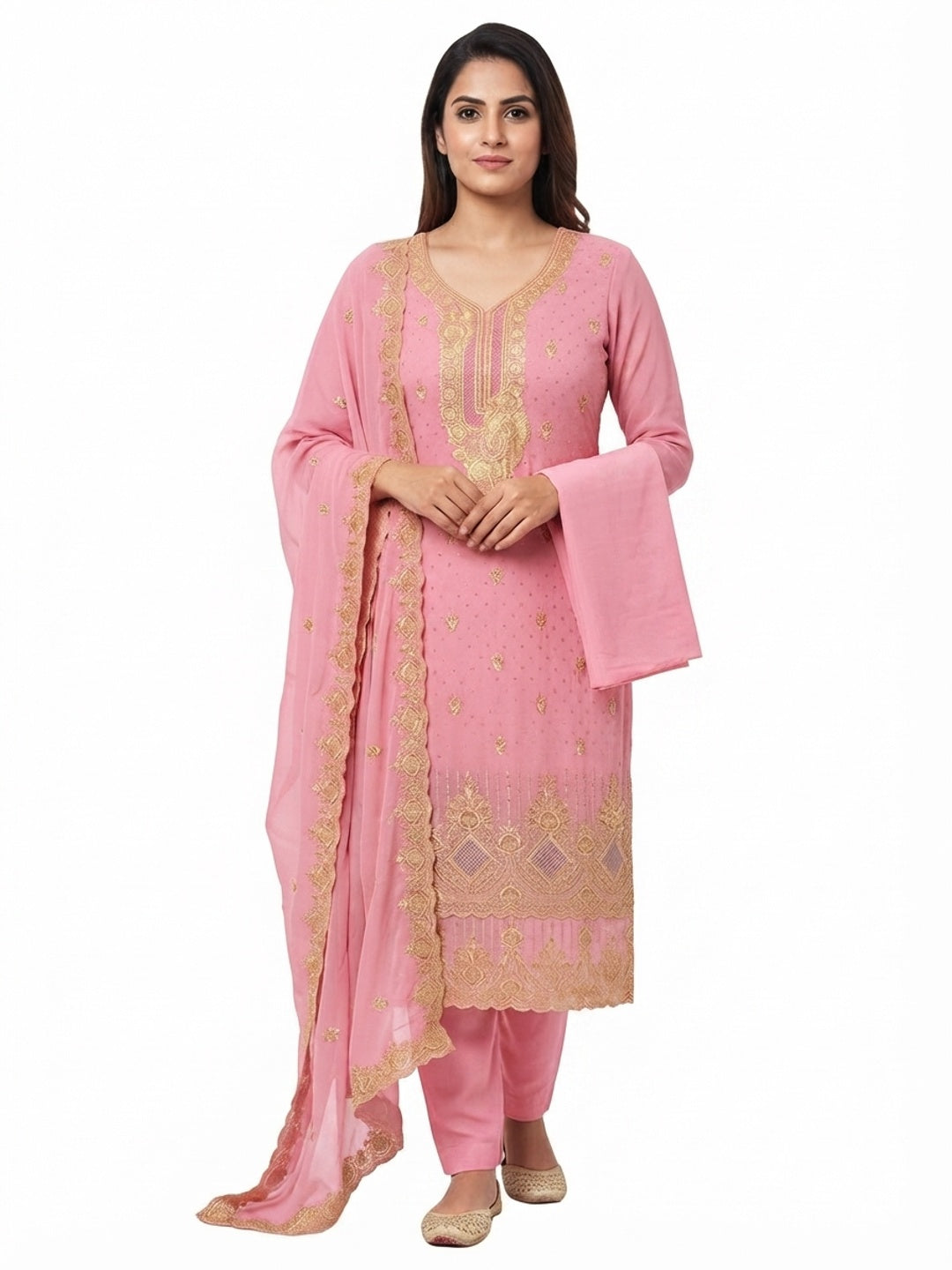 Pink Embroidered With Swarovski Work Georgette Dress Material - Flat lay