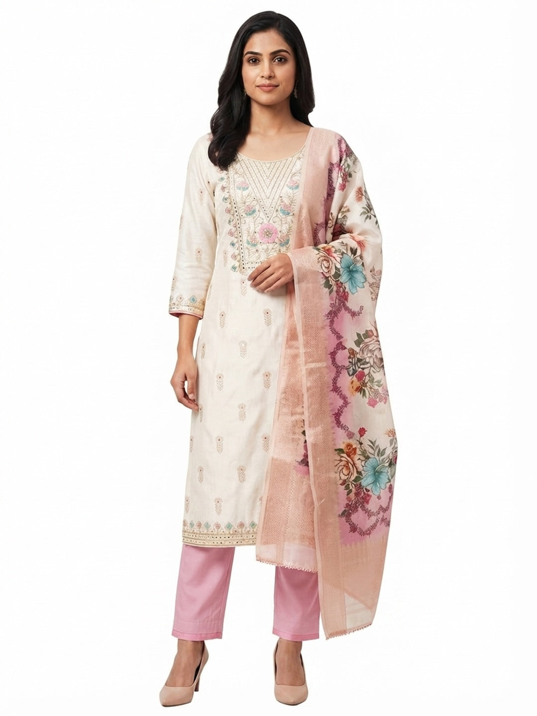 Offwhite & Pink Floral Woven With Sequins Cording Embroidery Meenakari Jacquard Dress Material - Flat lay