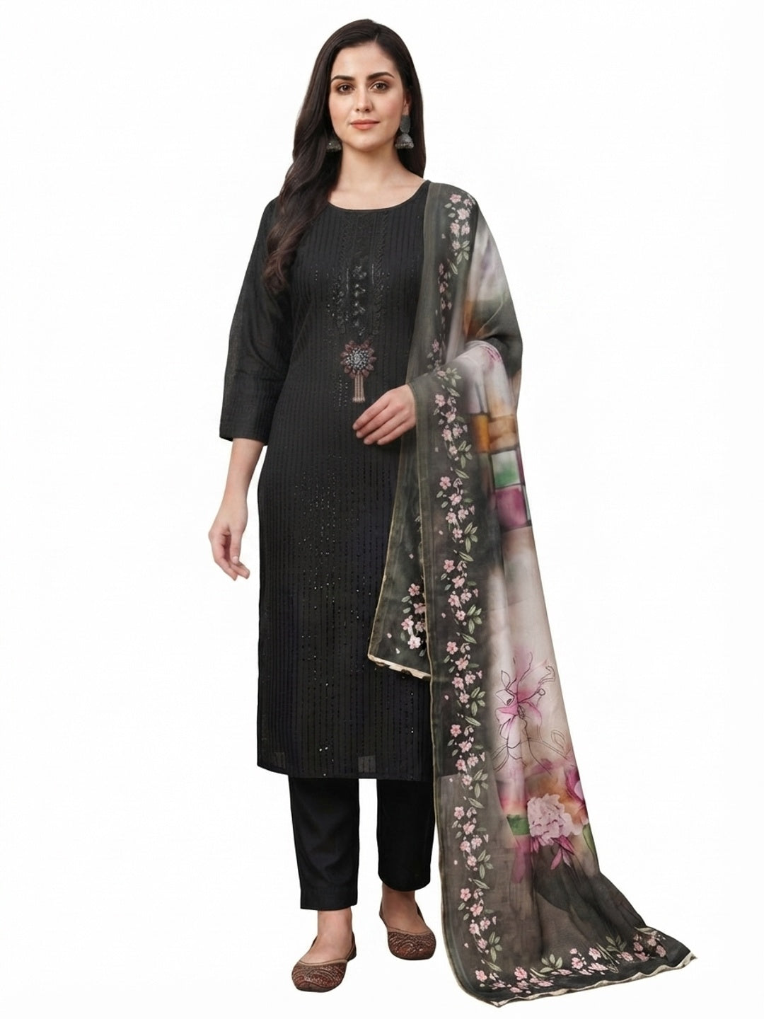 Black Floral Sequins Embroidered Cotton Silk Dress Material - Flat lay