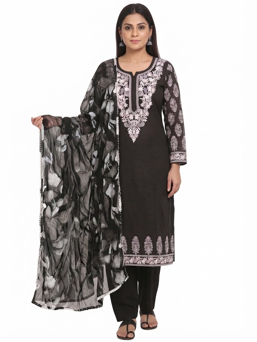 Black Printed With Embroidery Pure Cotton Dress Material - Flat lay