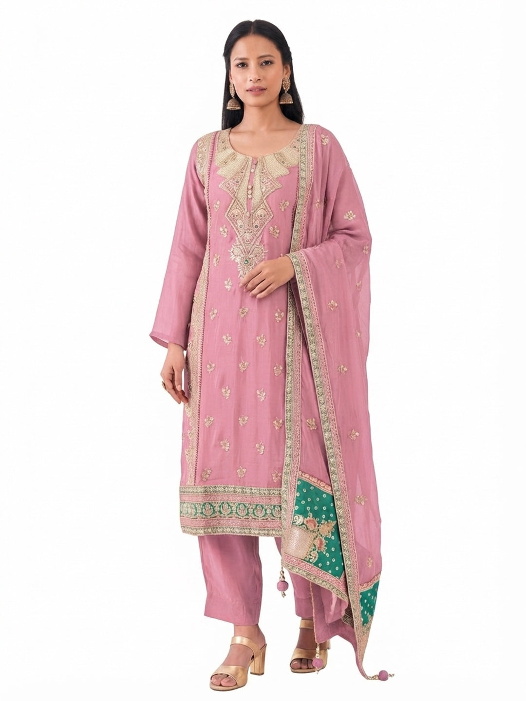 Pink Sequins Embroidered Chinon Semi Stitched Salwar Suit - Flat lay