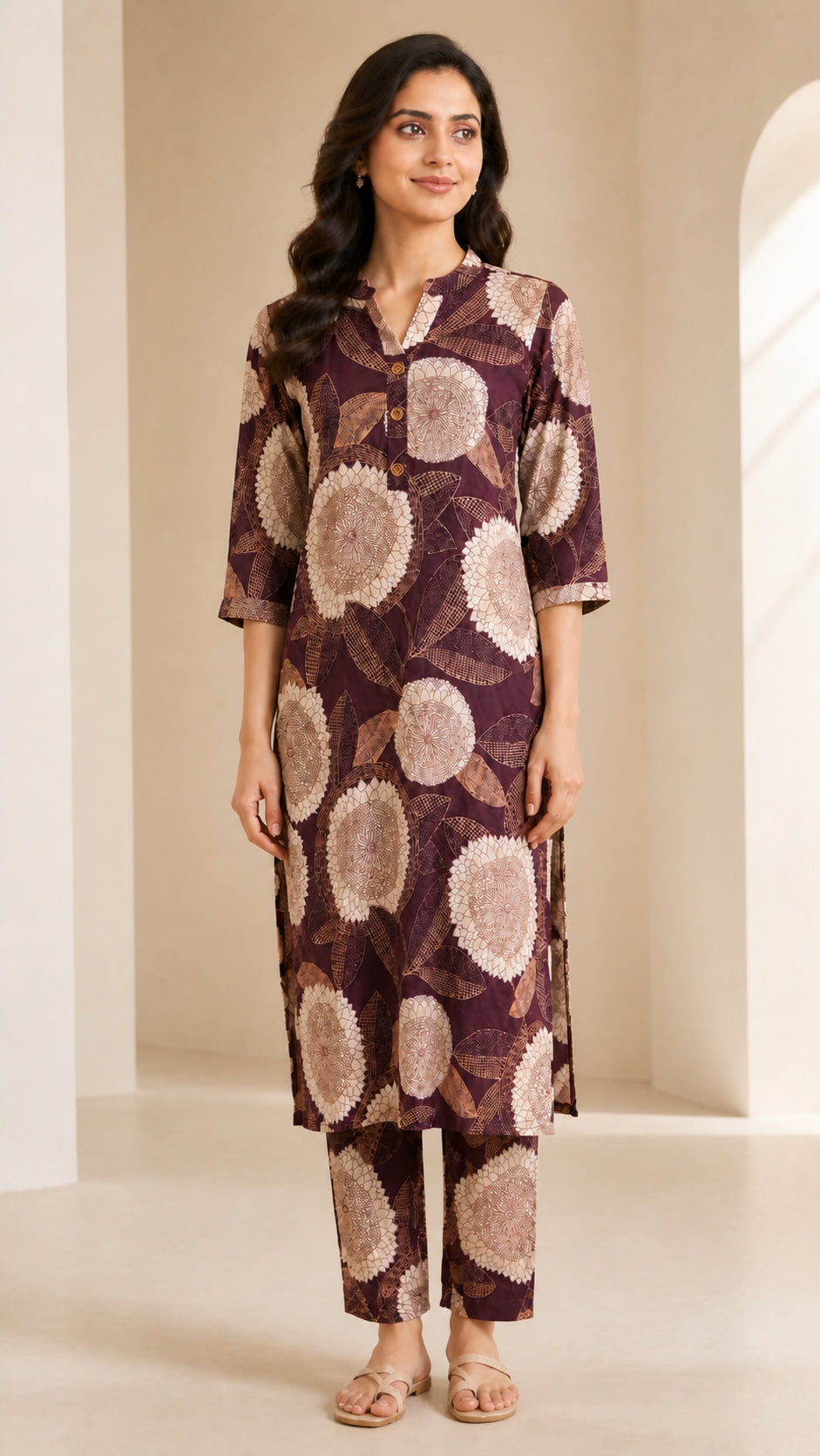 Peachmode Wine Rayon Floral Printed Co-ord Set - Image 1