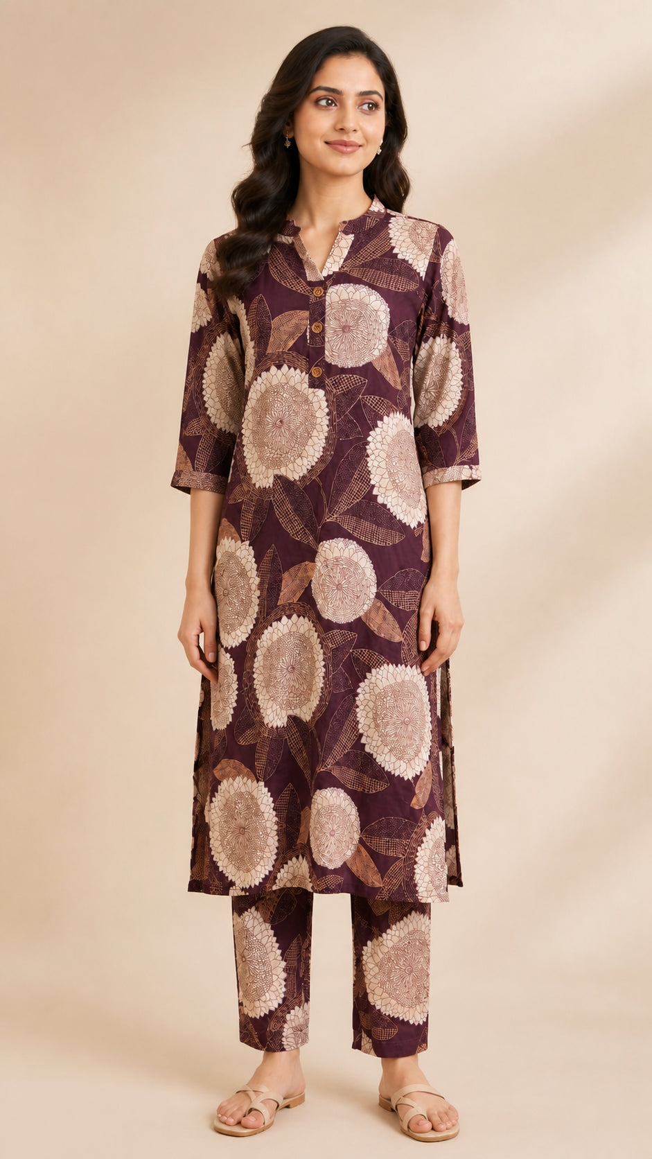 Peachmode Wine Rayon Floral Printed Co-ord Set - Image 2