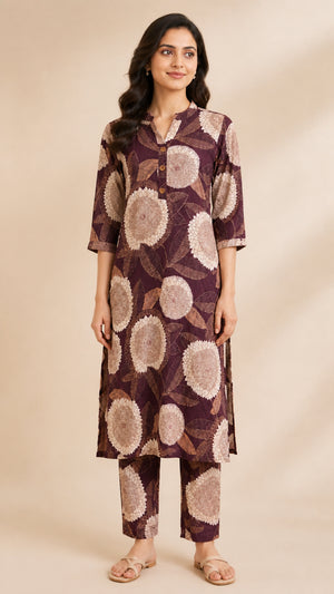 Peachmode Wine Rayon Floral Printed Co-ord Set - Image 2