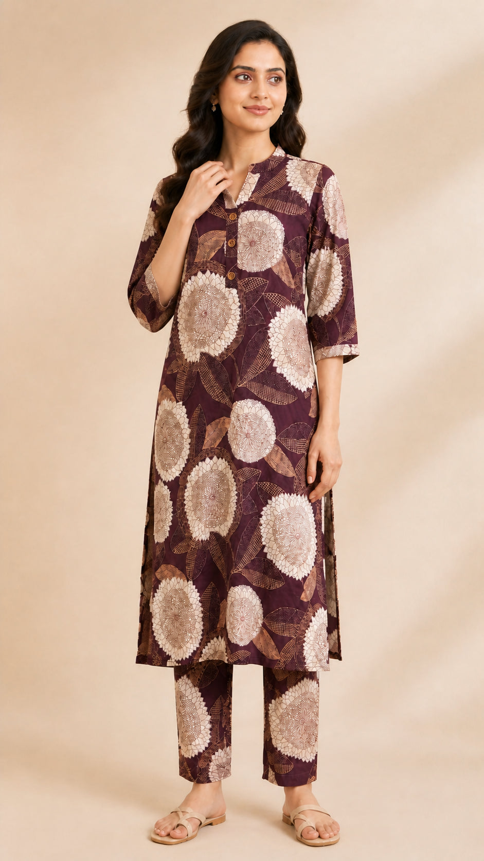 Peachmode Wine Rayon Floral Printed Co-ord Set - Image 5