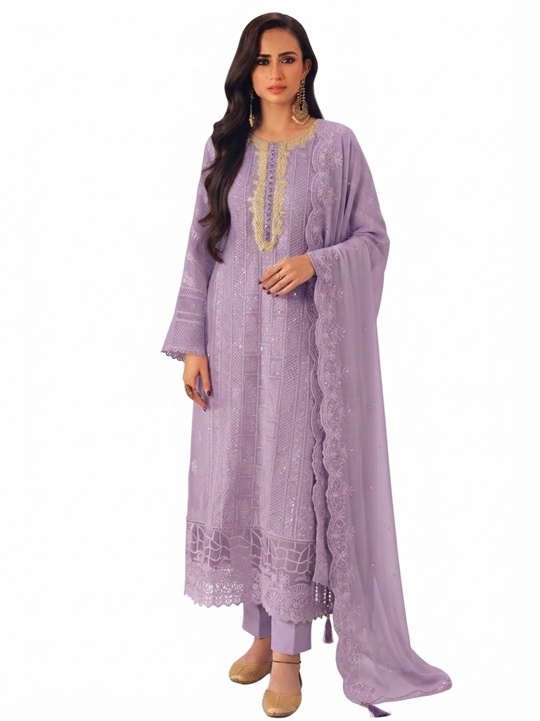 Purple Embroidered Georgette Semi-Stitched Pakistani Suit - Flat lay