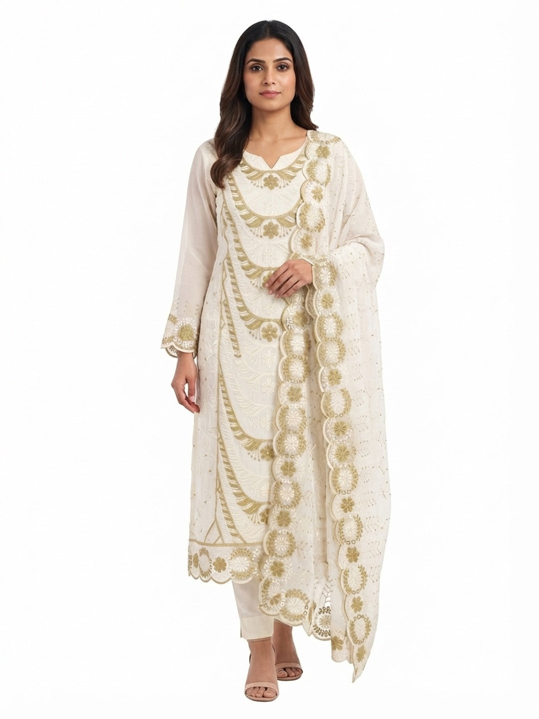 Cream & Olive Heavy Embroidered Georgette Dress Material Enhanced with Floral Resham Dupatta - Flat lay