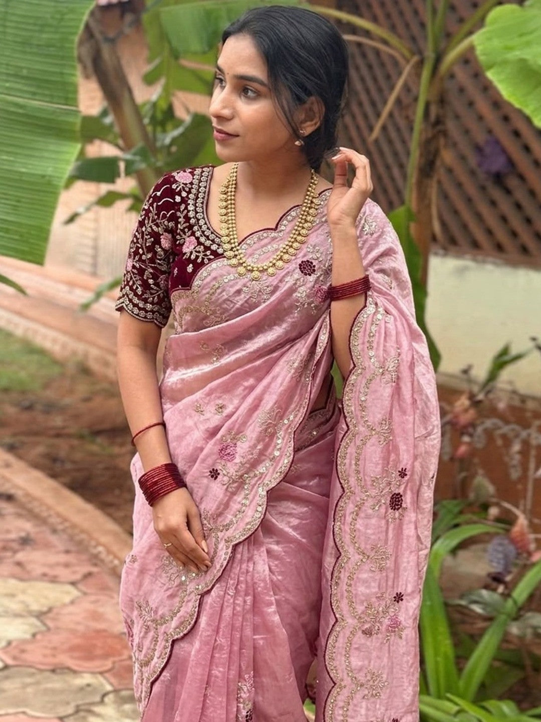 Peachmode Pink Sequin Embroidered Fandy Satin Saree - Image 2