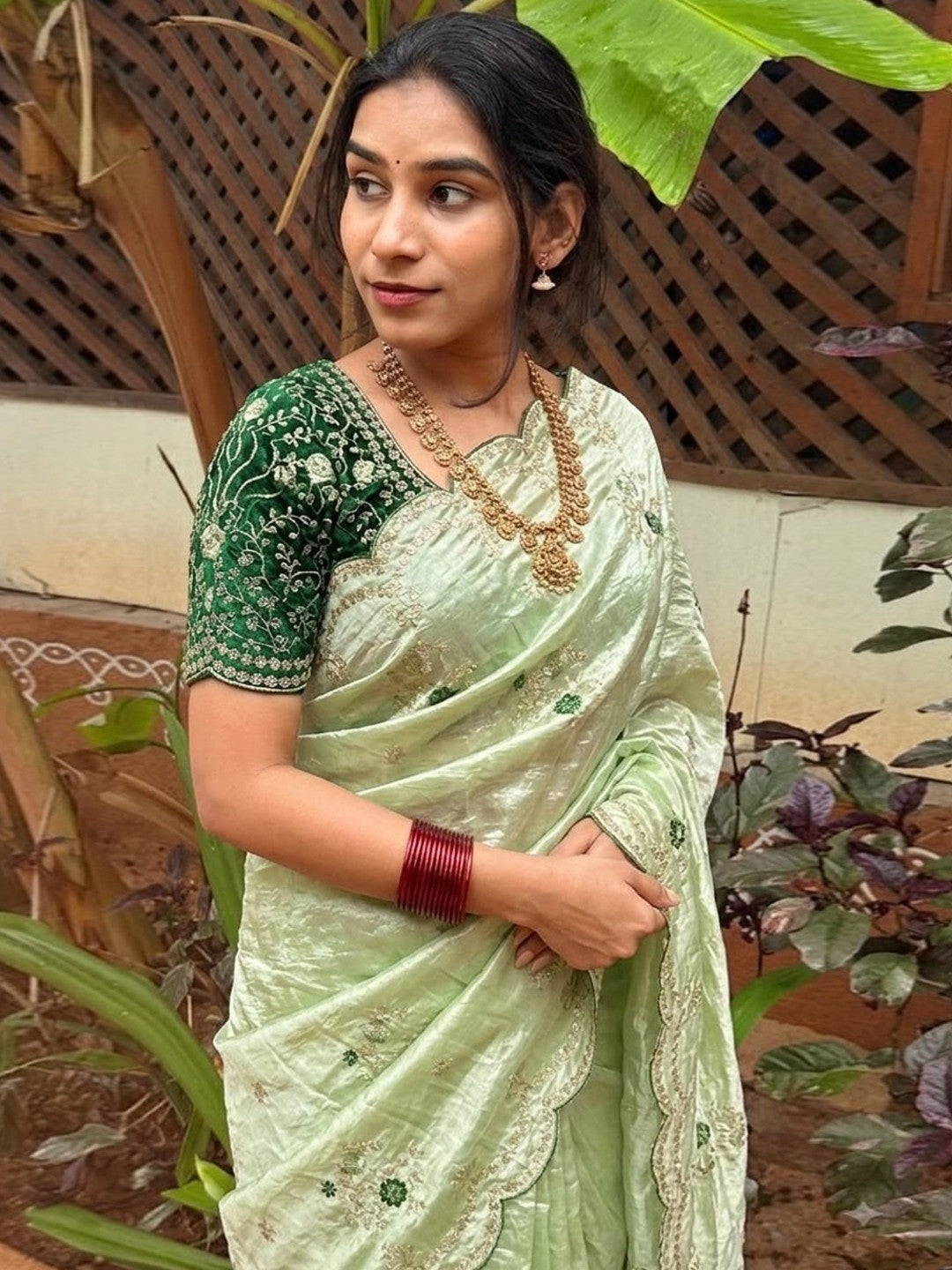 Peachmode Mint Green Sequin Embroidered Fandy Satin Saree - Image 3