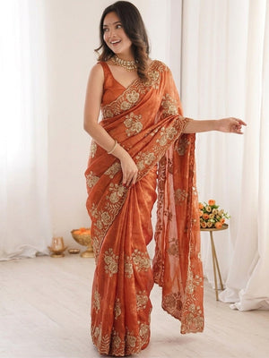 Peachmode Orange Beaded Embroidered Fandy Satin Saree - Image 1