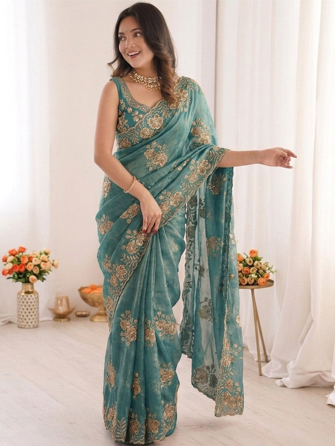 Peachmode Blue Beaded Embroidered Fandy Satin Saree - Image 1