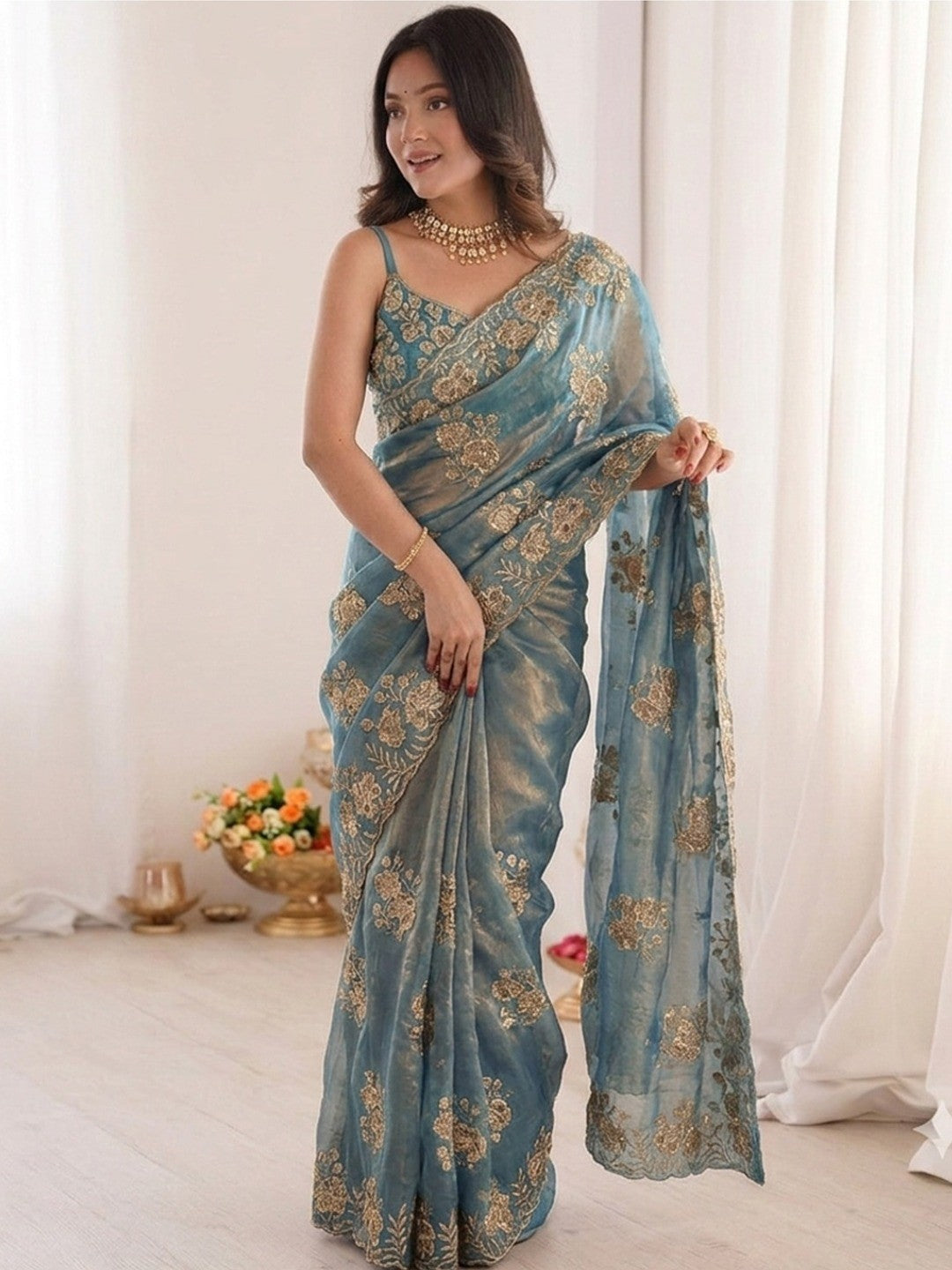 Peachmode Blue Beaded Embroidered Fandy Satin Saree - Image 2