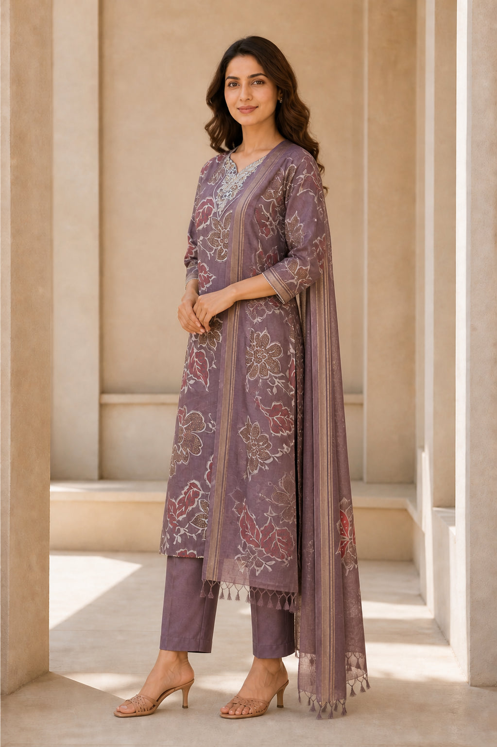 Peachmode Grey Viscose Floral Printed Embroidered Salwar Suit - Image 3