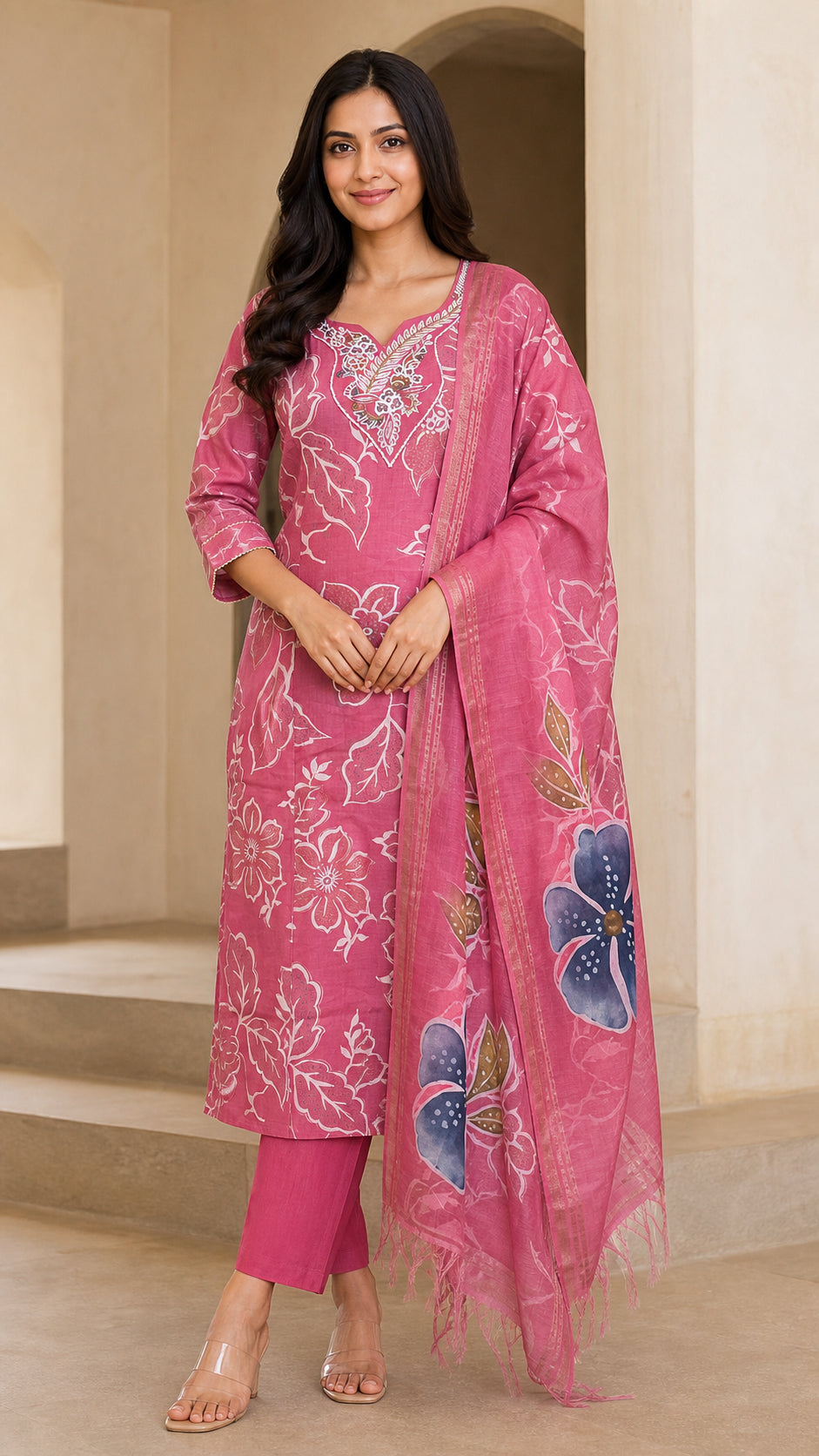 Peachmode Pink Viscose Floral Printed Embroidered Salwar Suit - Image 1
