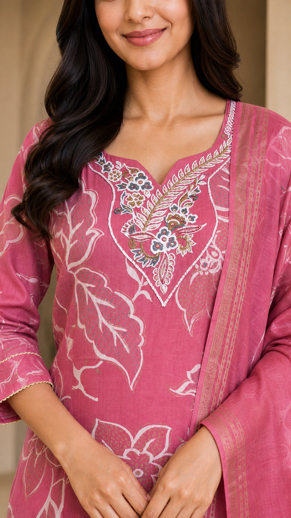 Peachmode Pink Viscose Floral Printed Embroidered Salwar Suit - Image 5