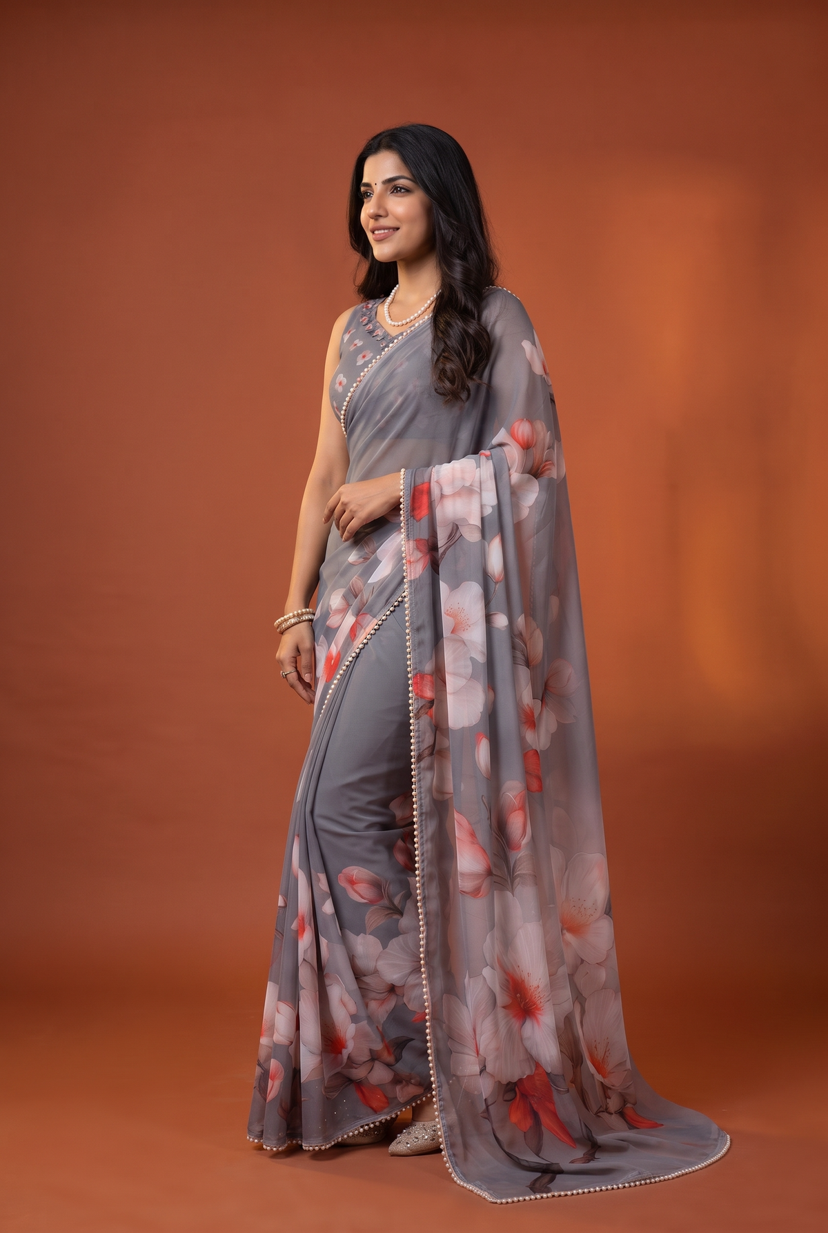 Peachmode Grey Floral Digital Print Georgette Saree - Image 4