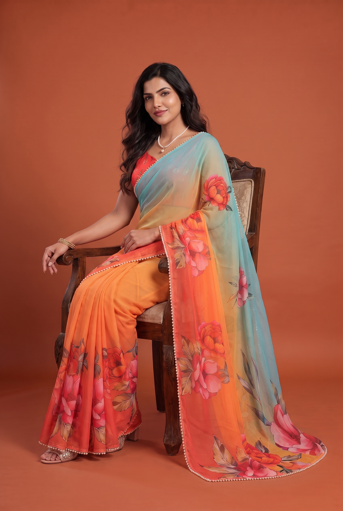Peachmode Orange Floral Digital Print Georgette Saree - Image 5