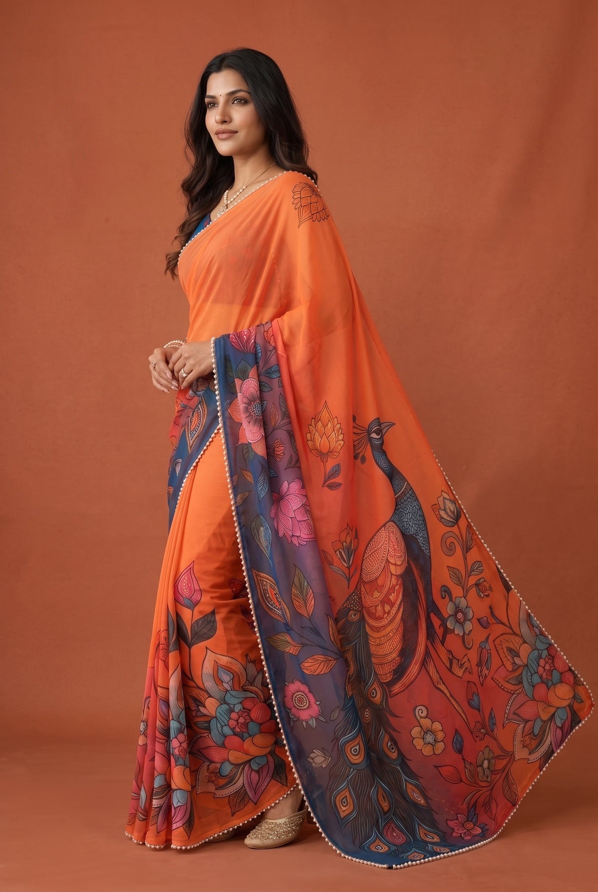 Peachmode Blue & Orange Peacock Digital Print Georgette Saree - Image 4