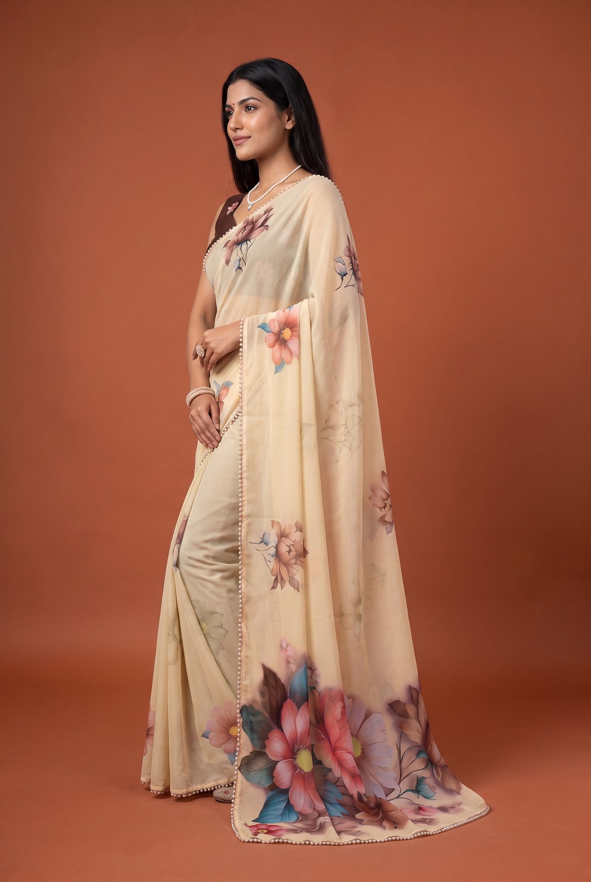 Peachmode Cream Floral Digital Print Georgette Saree - Image 4