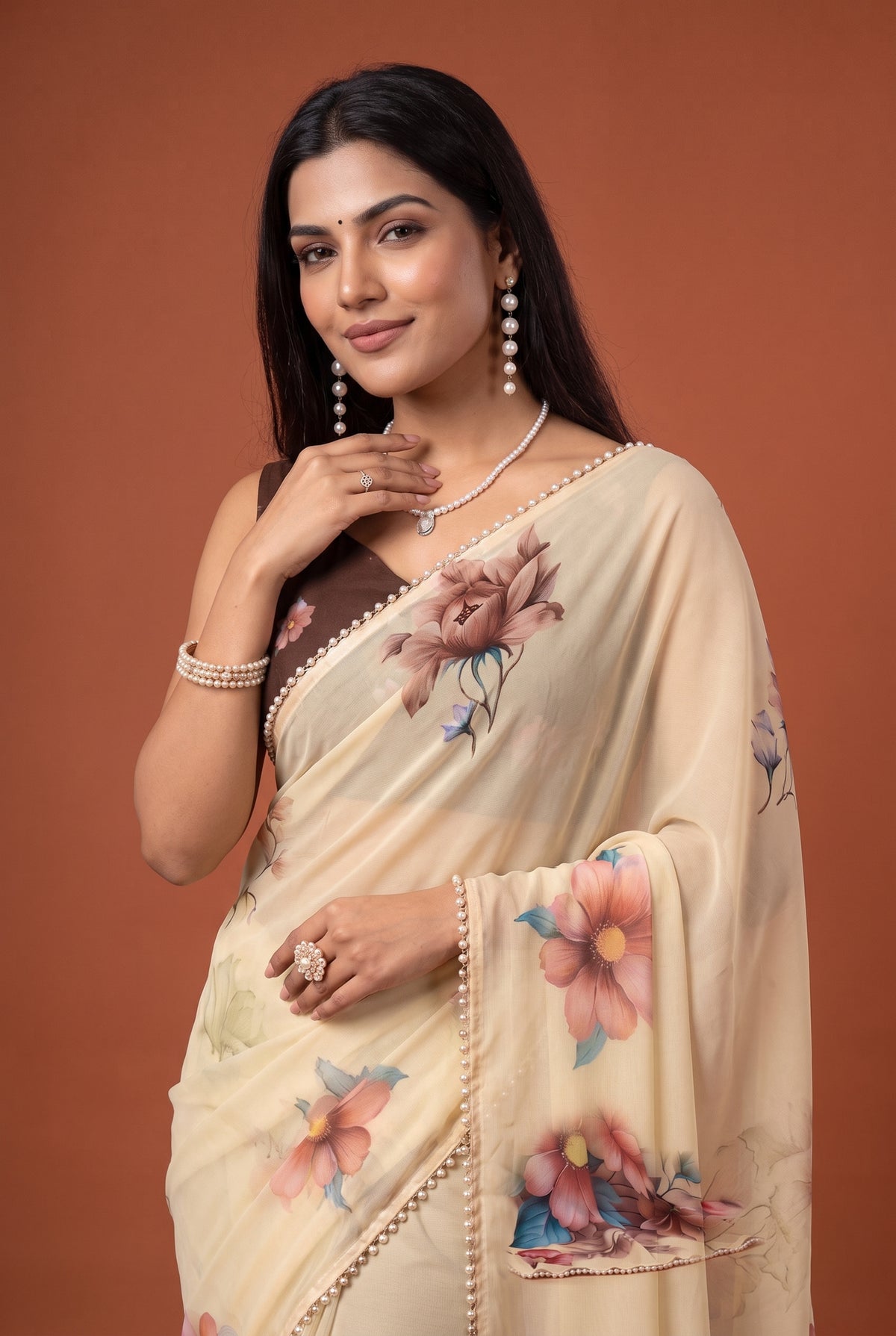 Peachmode Cream Floral Digital Print Georgette Saree - Image 5