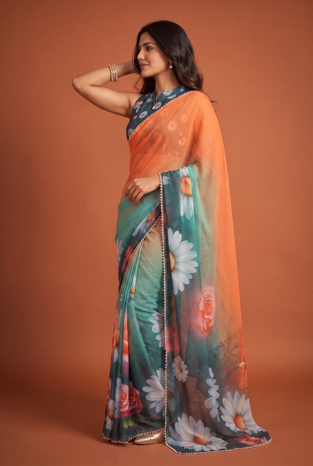 Peachmode Teal Blue Floral Digital Print Georgette Saree - Image 5