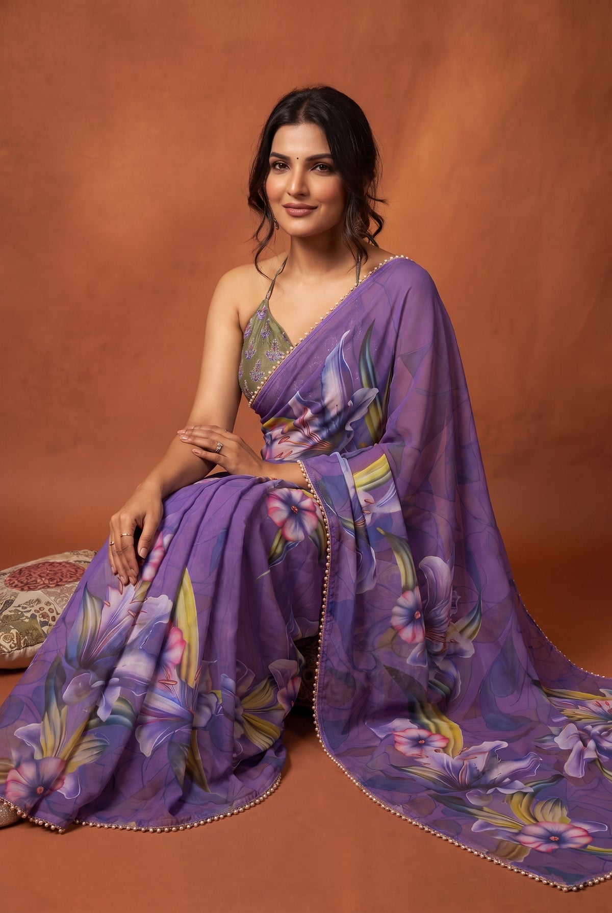 Peachmode Purple Floral Digital Print Georgette Saree - Image 5