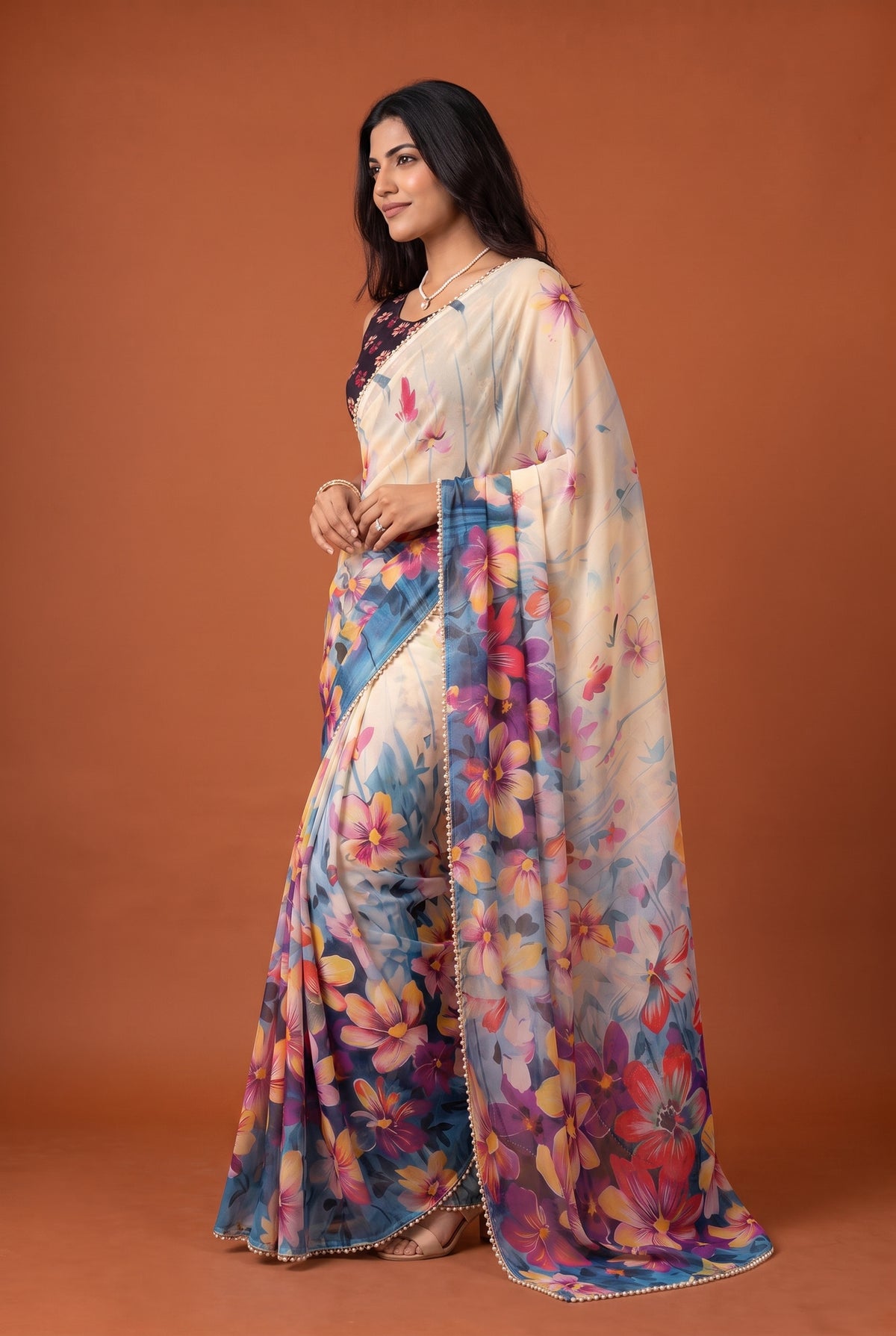 Peachmode Ivory Multicolor Floral Digital Print Georgette Saree - Image 4