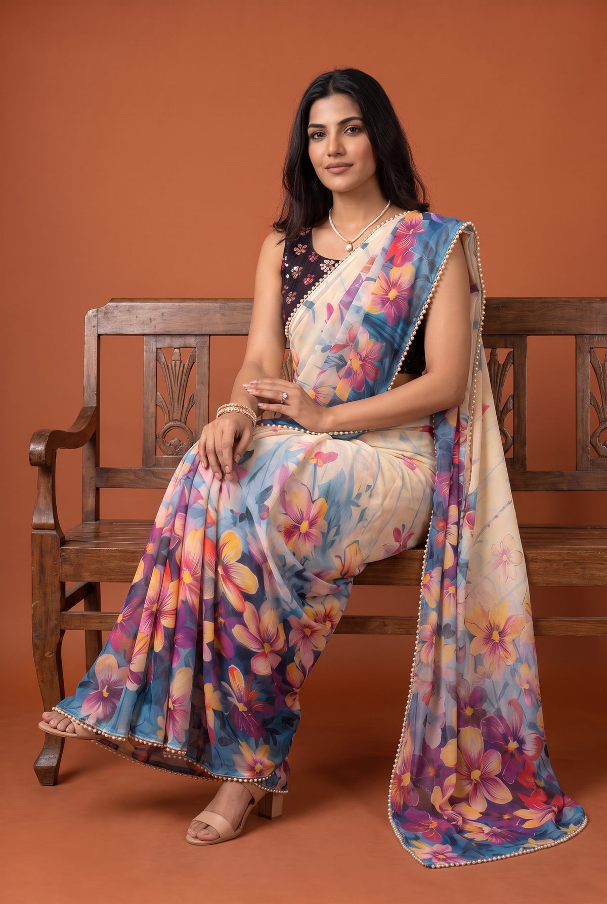 Peachmode Ivory Multicolor Floral Digital Print Georgette Saree - Image 5