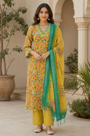 Peachmode Pista Green Viscose Floral Printed Embroidered Salwar Suit - Image 1