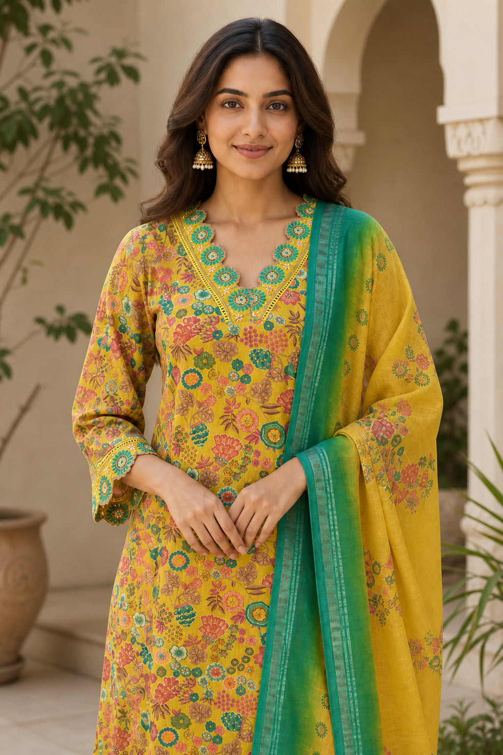 Peachmode Pista Green Viscose Floral Printed Embroidered Salwar Suit - Image 5